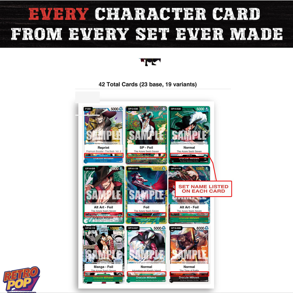 Dracule Mihawk One Piece TCG character master set - every English Dracule Mihawk card
