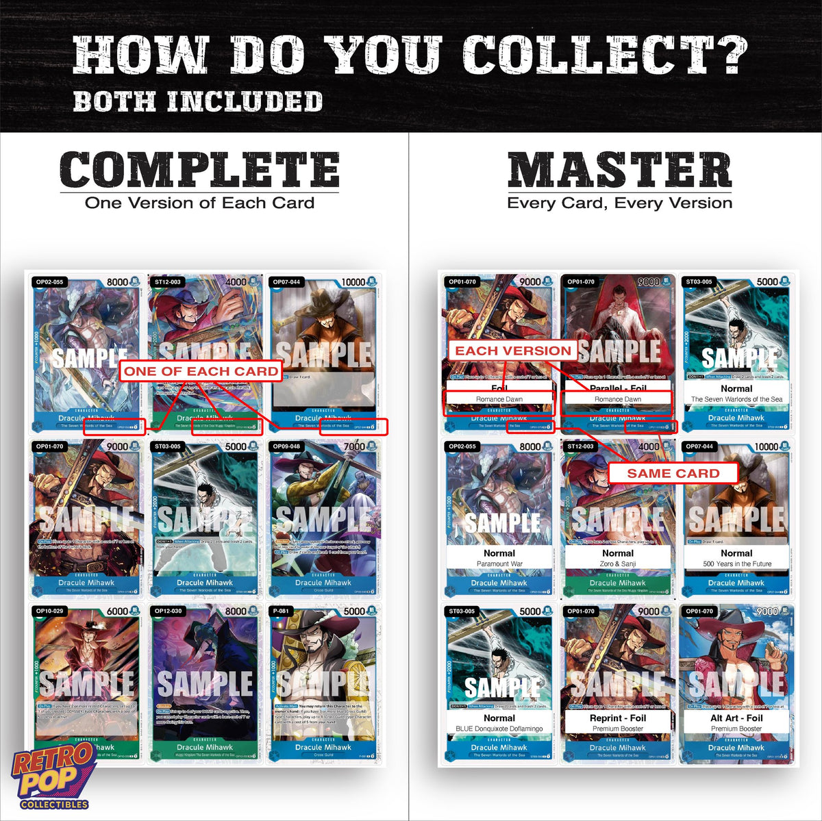 Complete Set vs Master Set versions of Dracule Mihawk One Piece binder placeholders