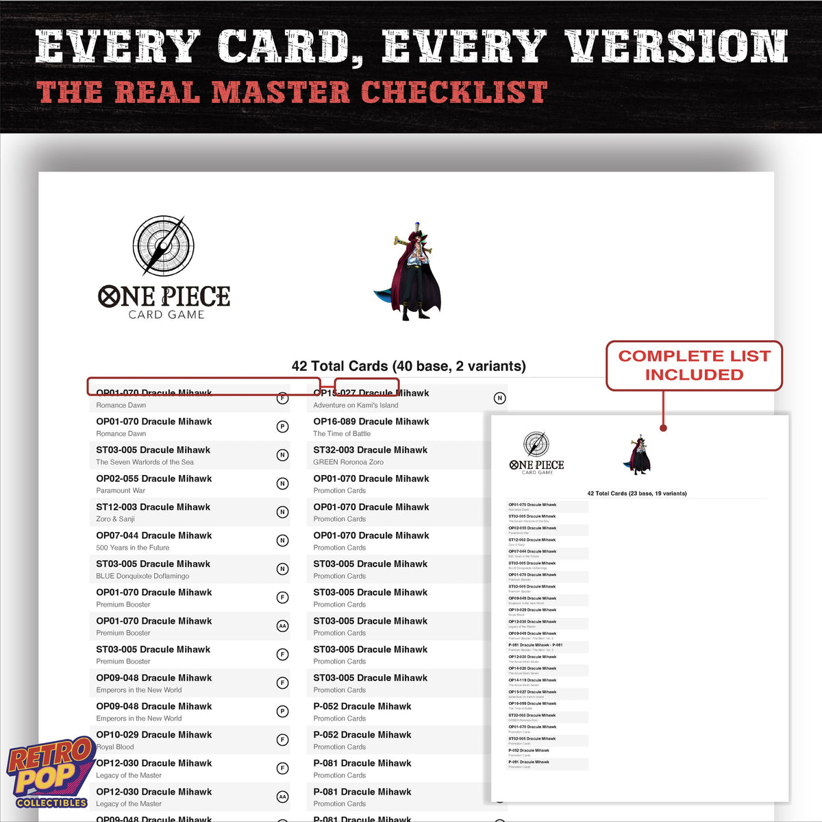 Dracule Mihawk One Piece card checklist PDF preview