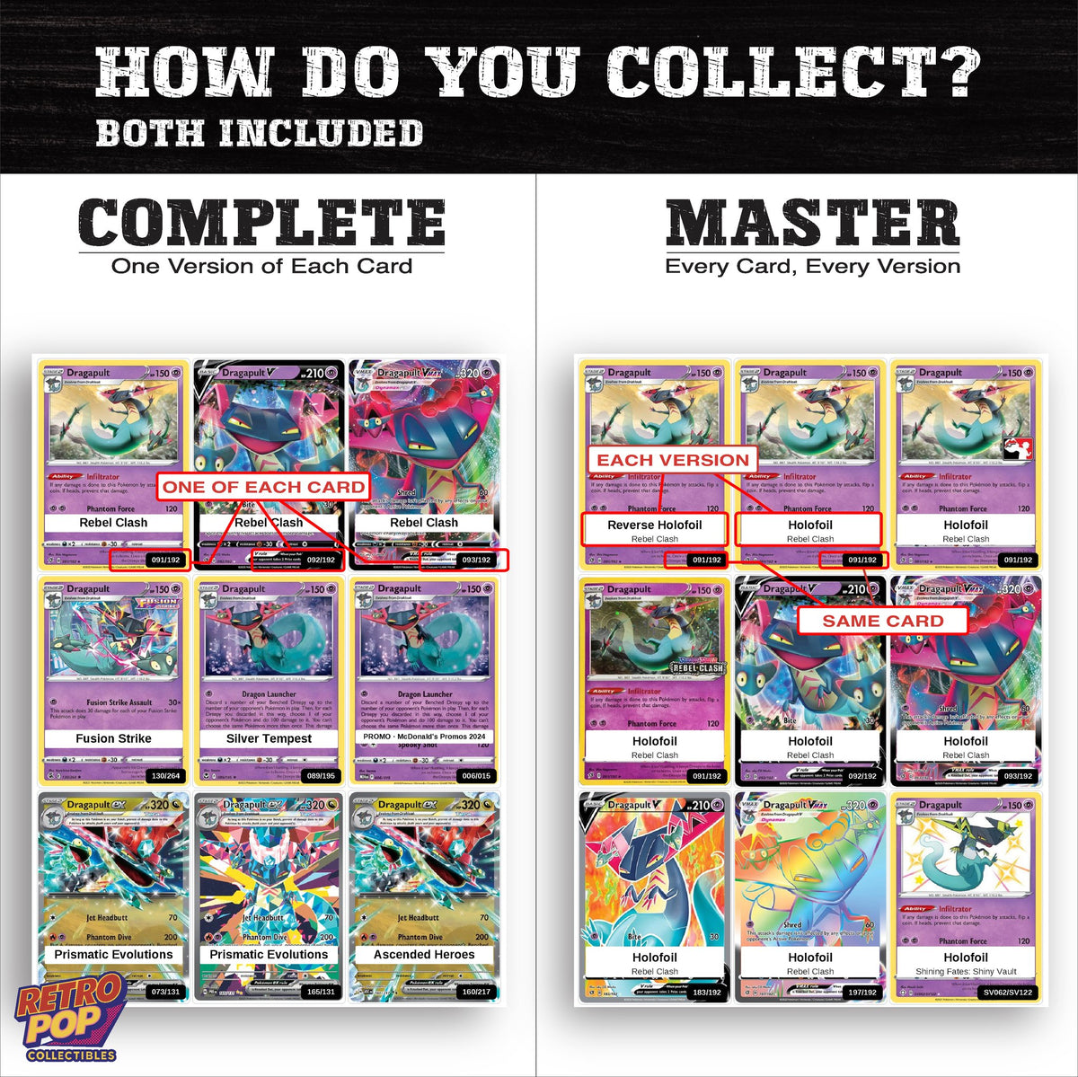 Complete Set vs Master Set versions of the Dragapult binder placeholders