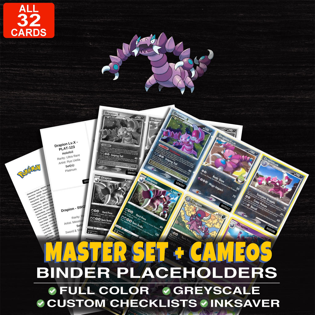 Every Drapion Pokemon card ever made - master set binder placeholders with Drapion Lv.X