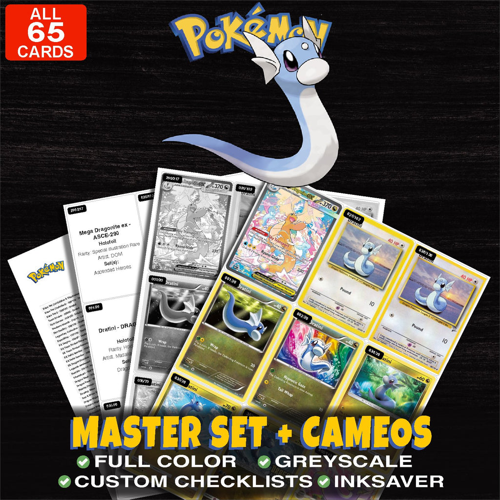 Every Dratini Pokemon card ever made - master set binder placeholders with Erika's Dratini