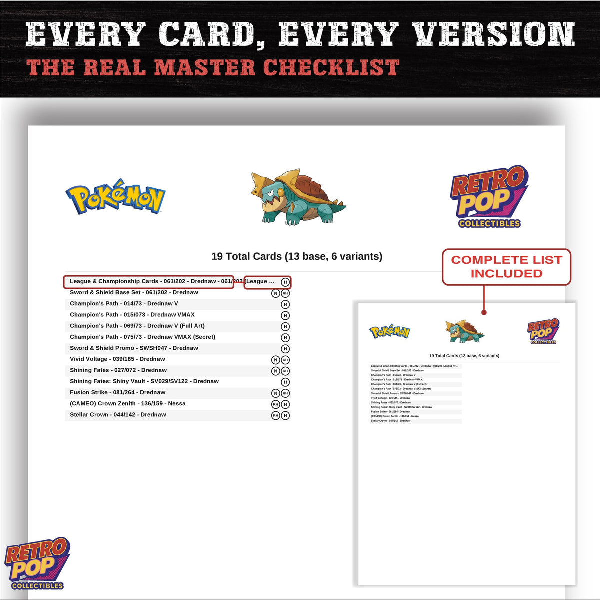 Drednaw master set checklist PDF preview - every card listed