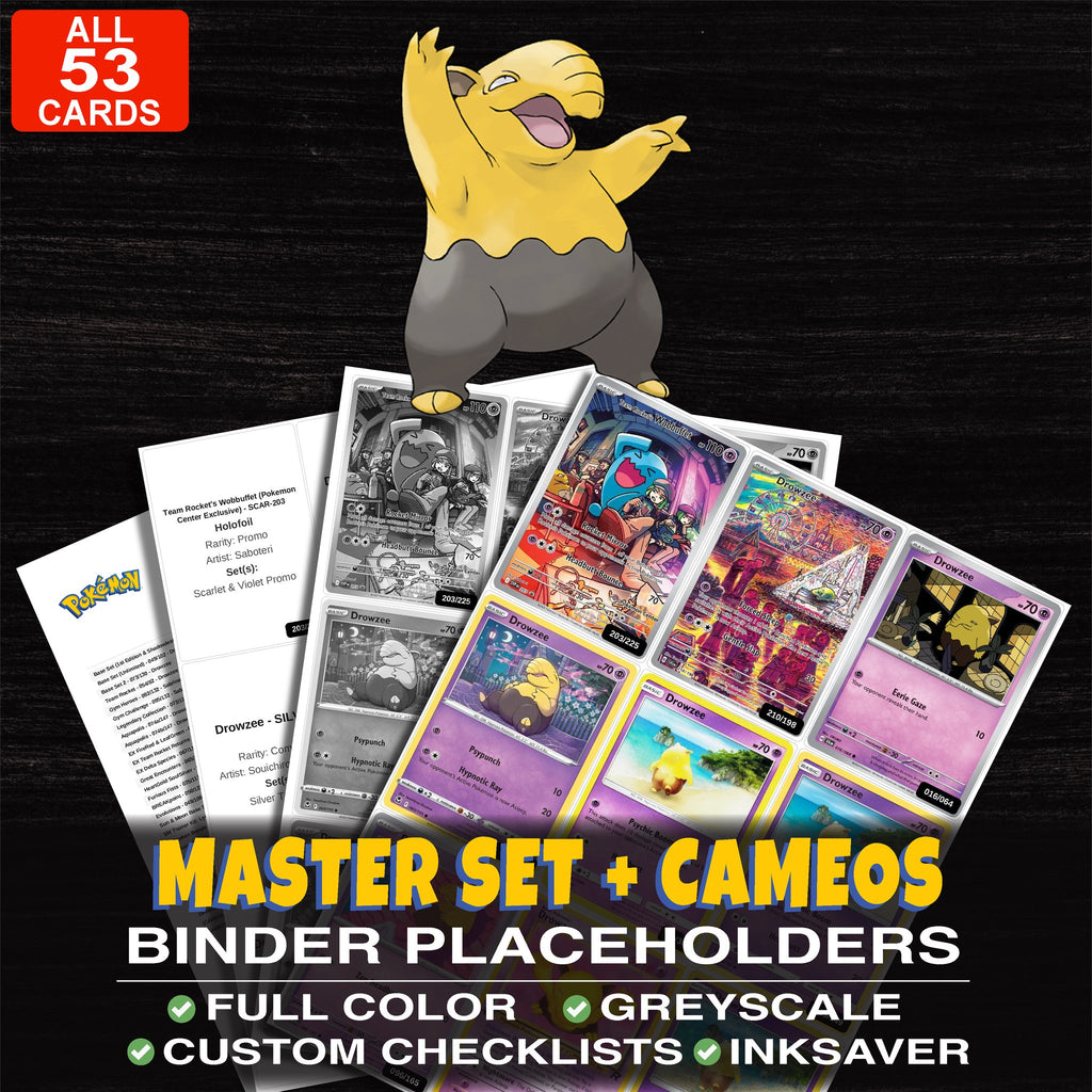 Every Drowzee Pokemon card ever made - master set binder placeholders with Drowzee