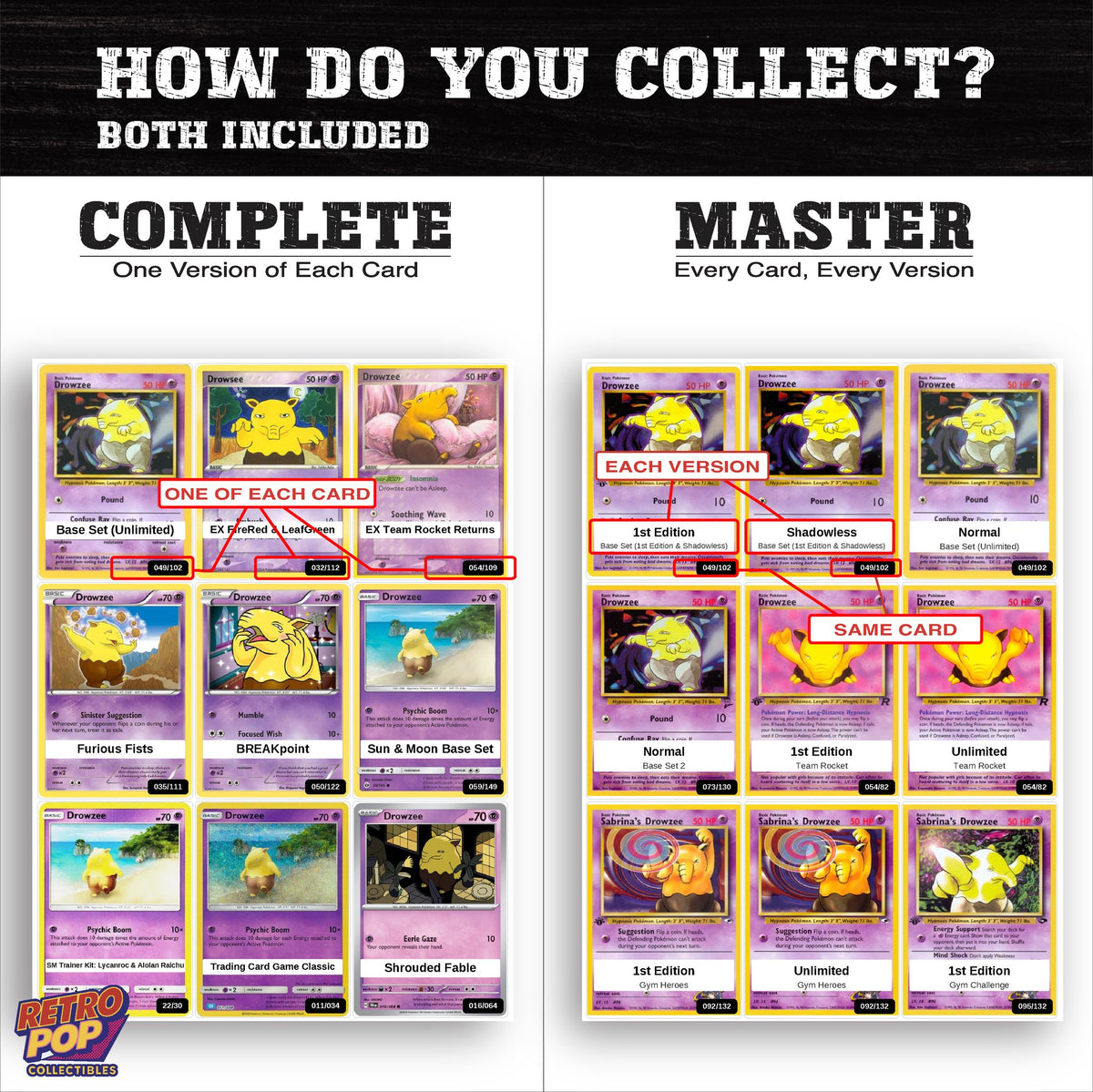 Complete Set vs Master Set versions of the Drowzee binder placeholders