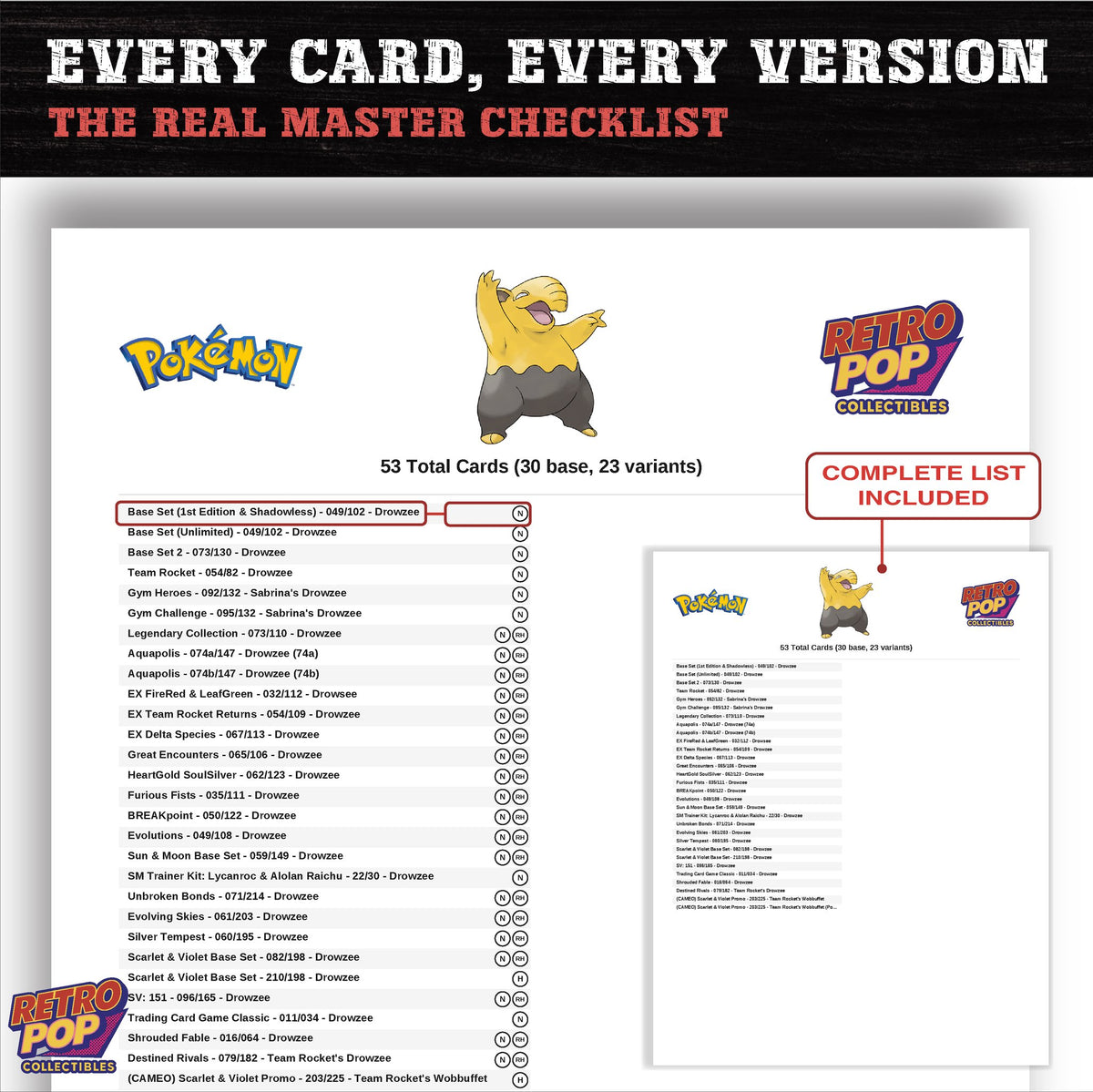 Drowzee master set checklist PDF preview - every card listed