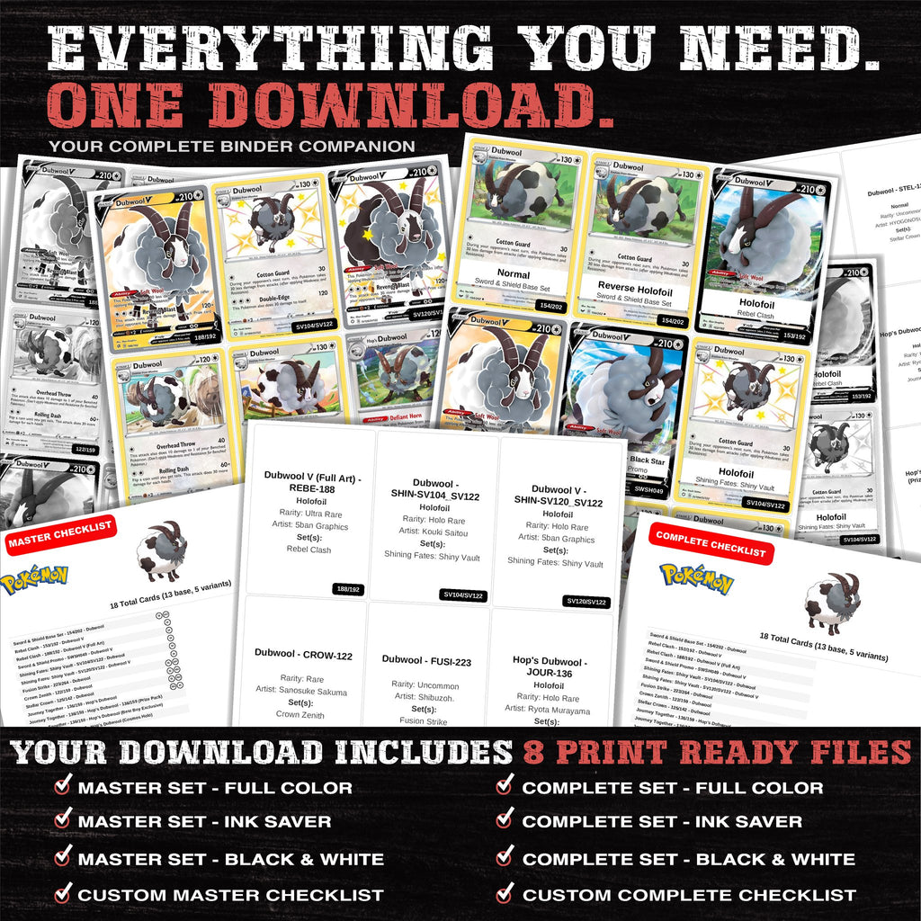 Everything included in the Dubwool master set download - 8 PDF files