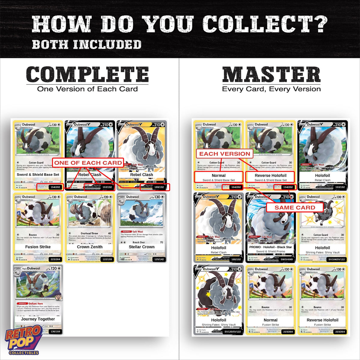 Complete Set vs Master Set versions of the Dubwool binder placeholders