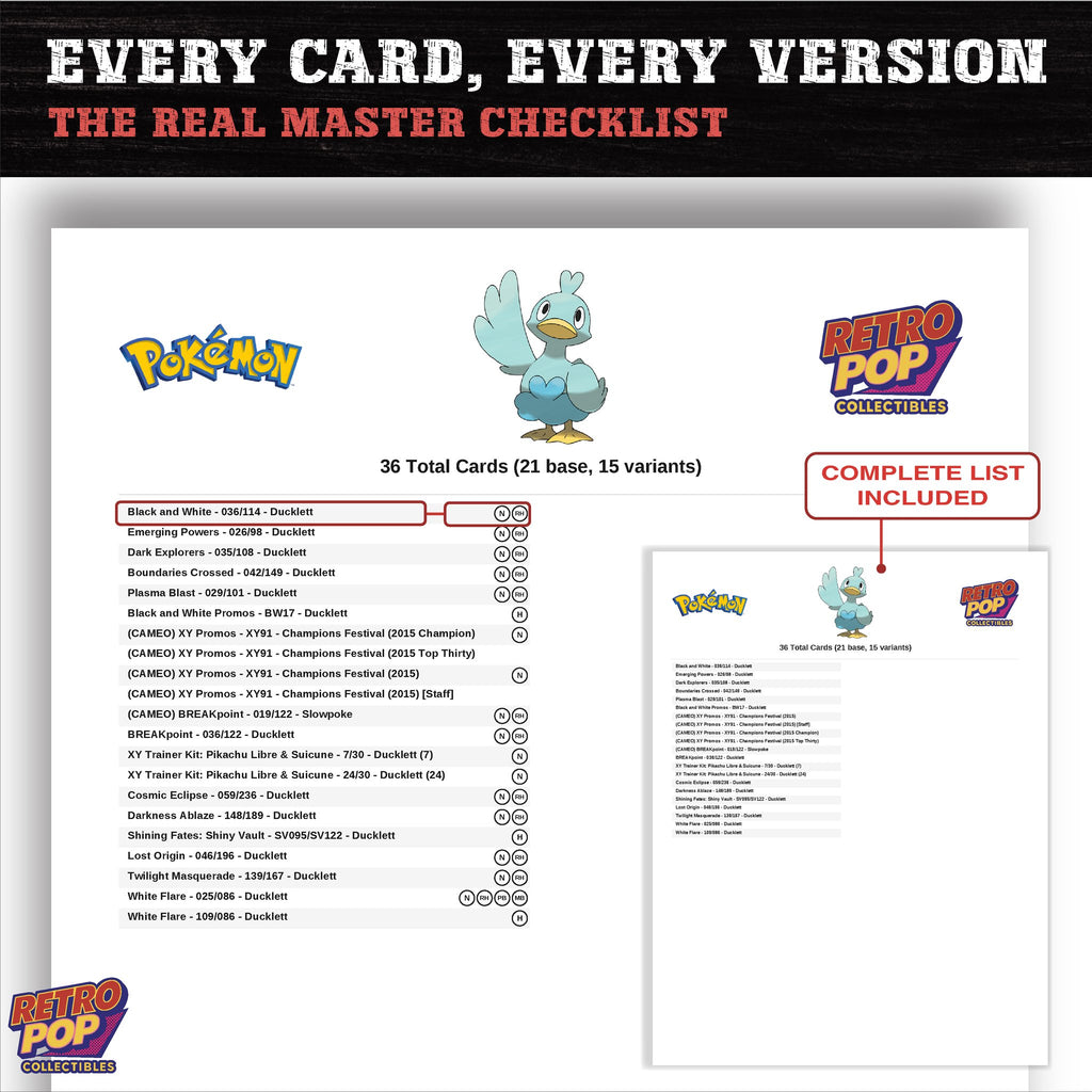 Ducklett master set checklist PDF preview - every card listed