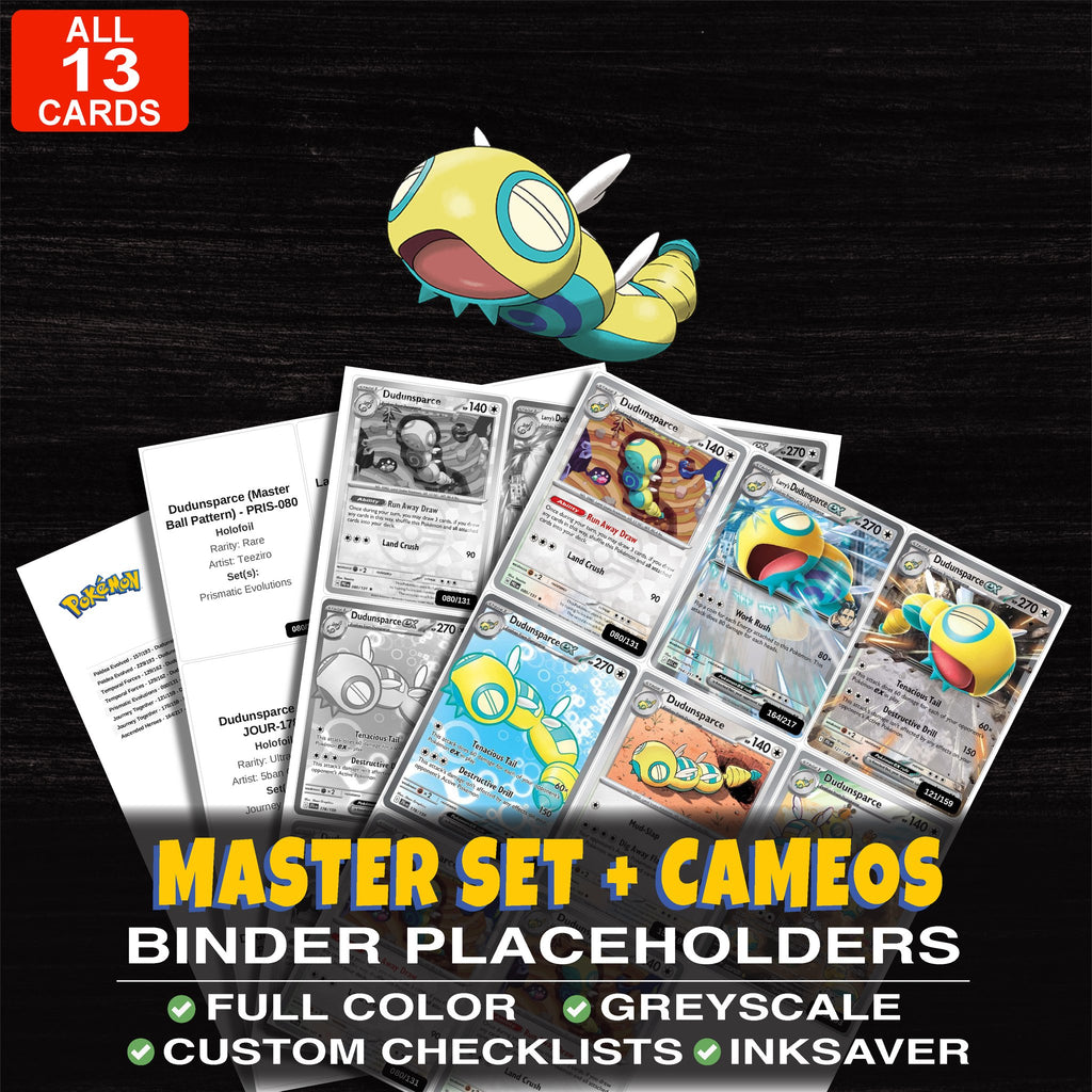 Every Dudunsparce Pokemon card ever made - master set binder placeholders with Dudunsparce