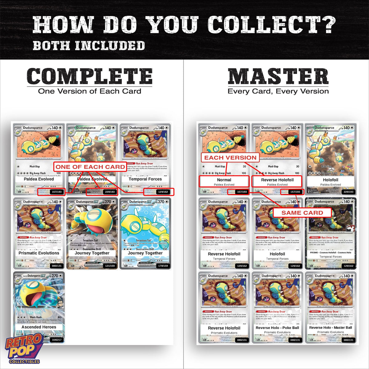 Complete Set vs Master Set versions of the Dudunsparce binder placeholders
