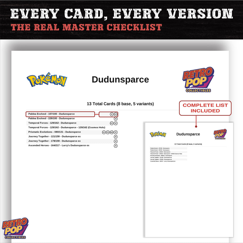 Dudunsparce master set checklist PDF preview - every card listed