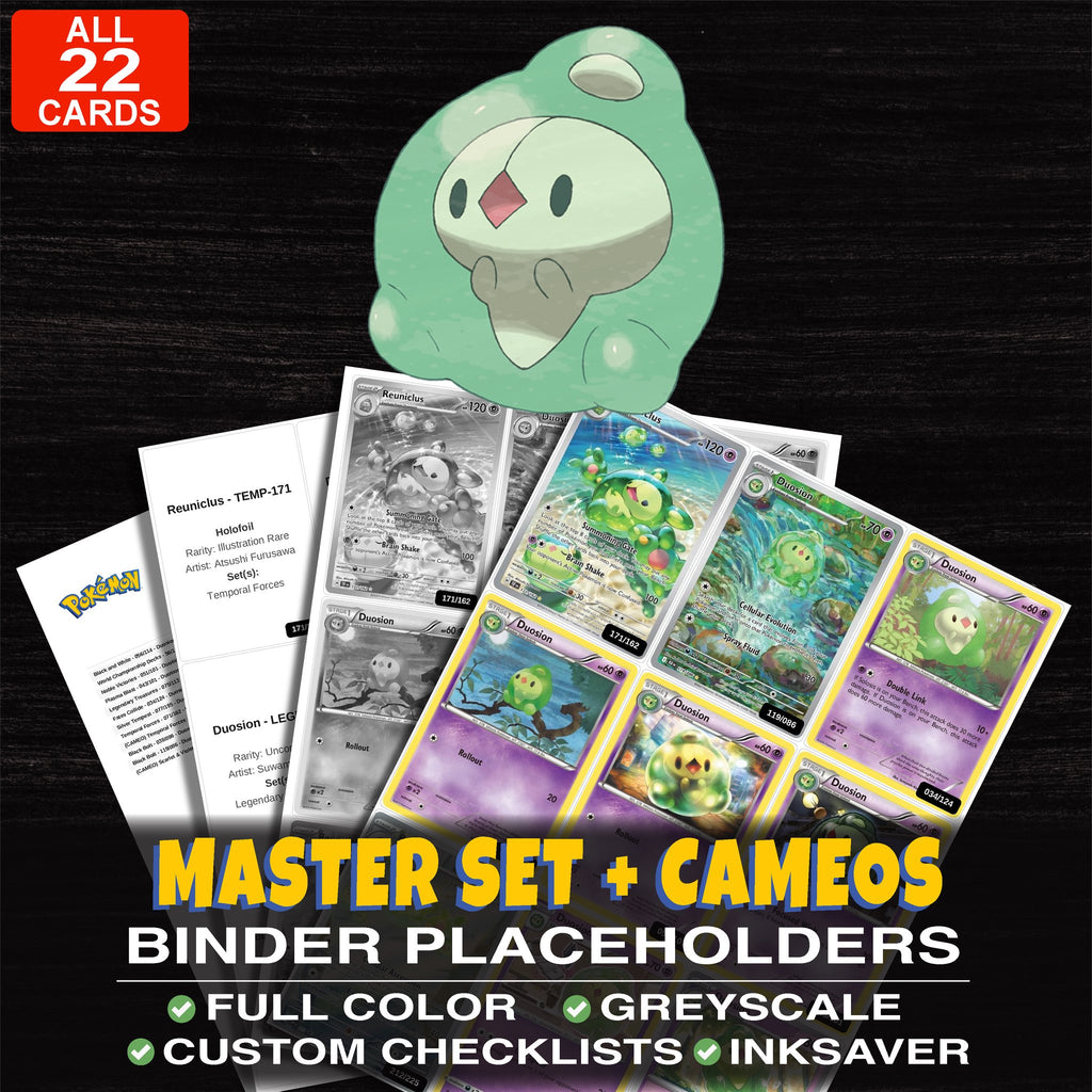 Every Duosion Pokemon card ever made - master set binder placeholders with Duosion
