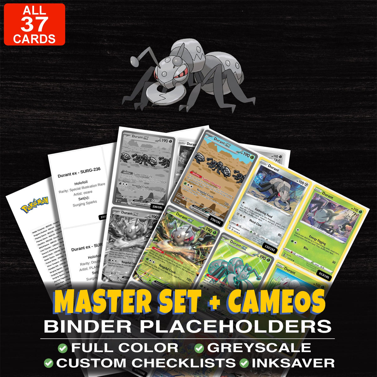 Every Durant Pokemon card ever made - master set binder placeholders with Durant ex