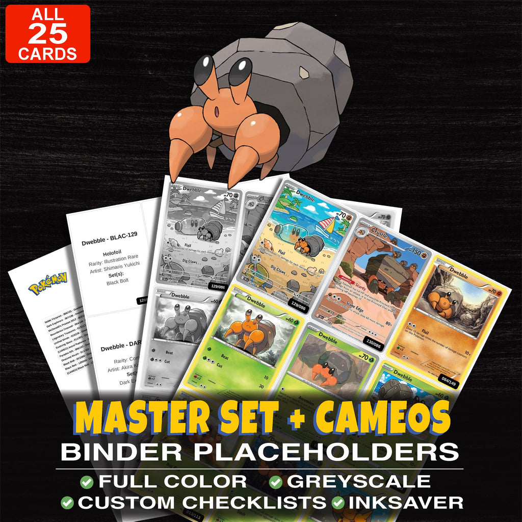 Every Dwebble Pokemon card ever made - master set binder placeholders with Dwebble