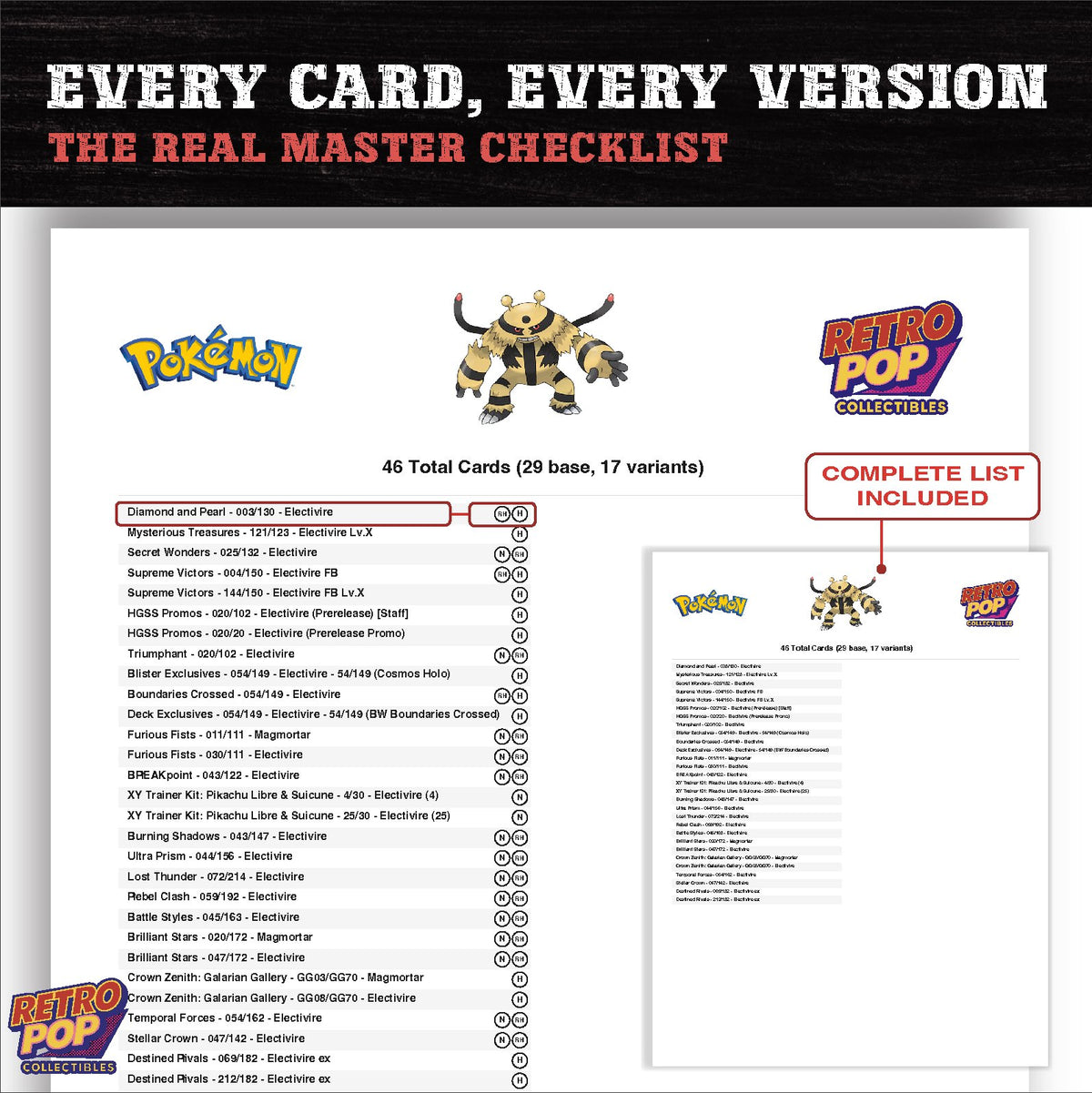 Electivire master set checklist PDF preview - every card listed