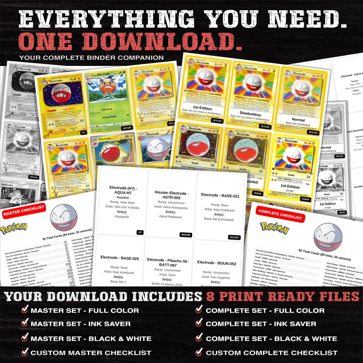 Everything included in the Electrode master set download - 8 PDF files