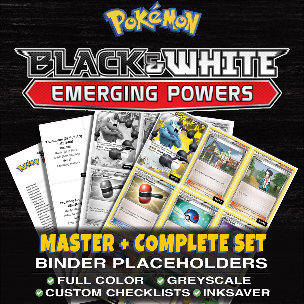 Emerging Powers Pokemon binder placeholders printable PDF - includes Thundurus (97 Full Art)