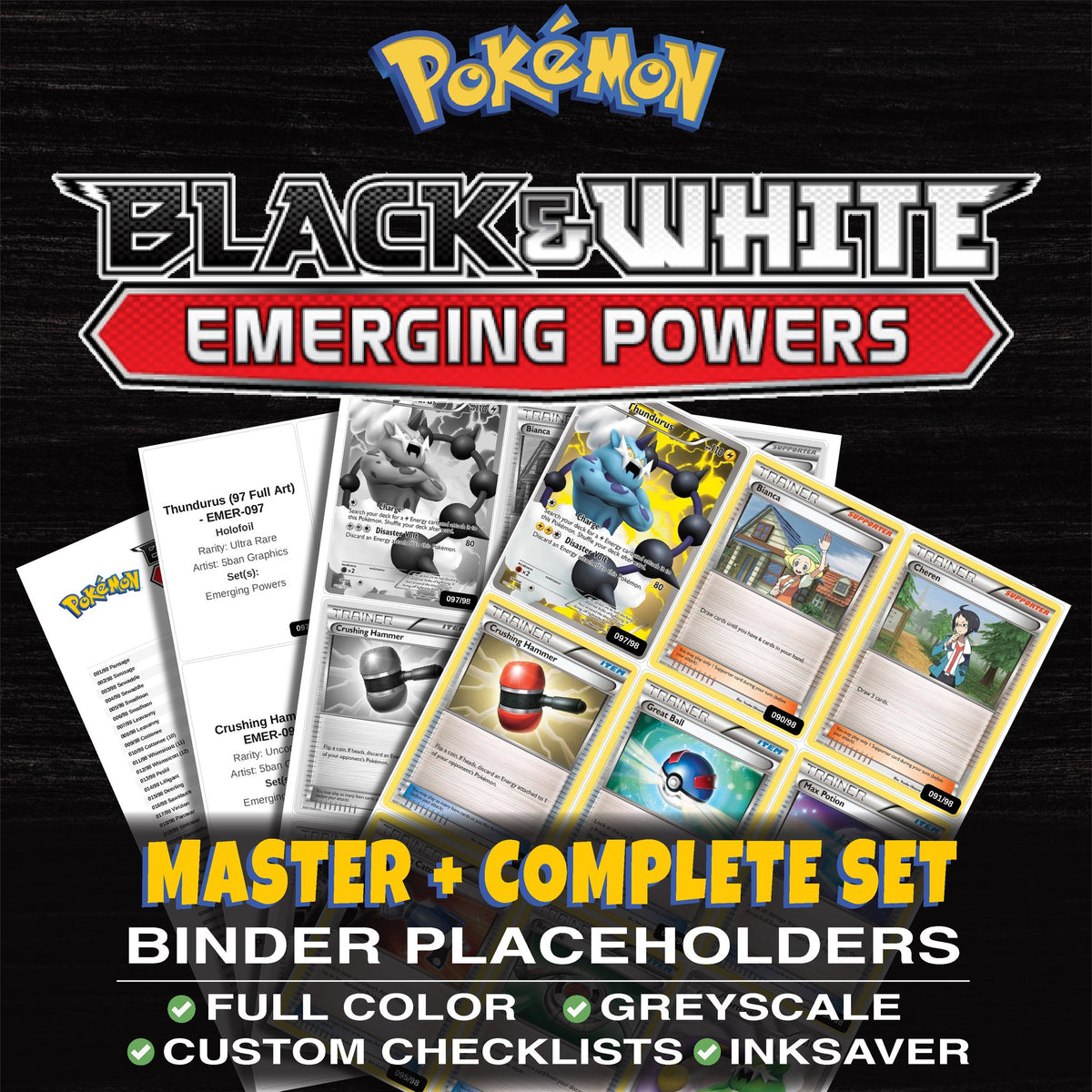 Emerging Powers Pokemon binder placeholders printable PDF - includes Thundurus (97 Full Art)