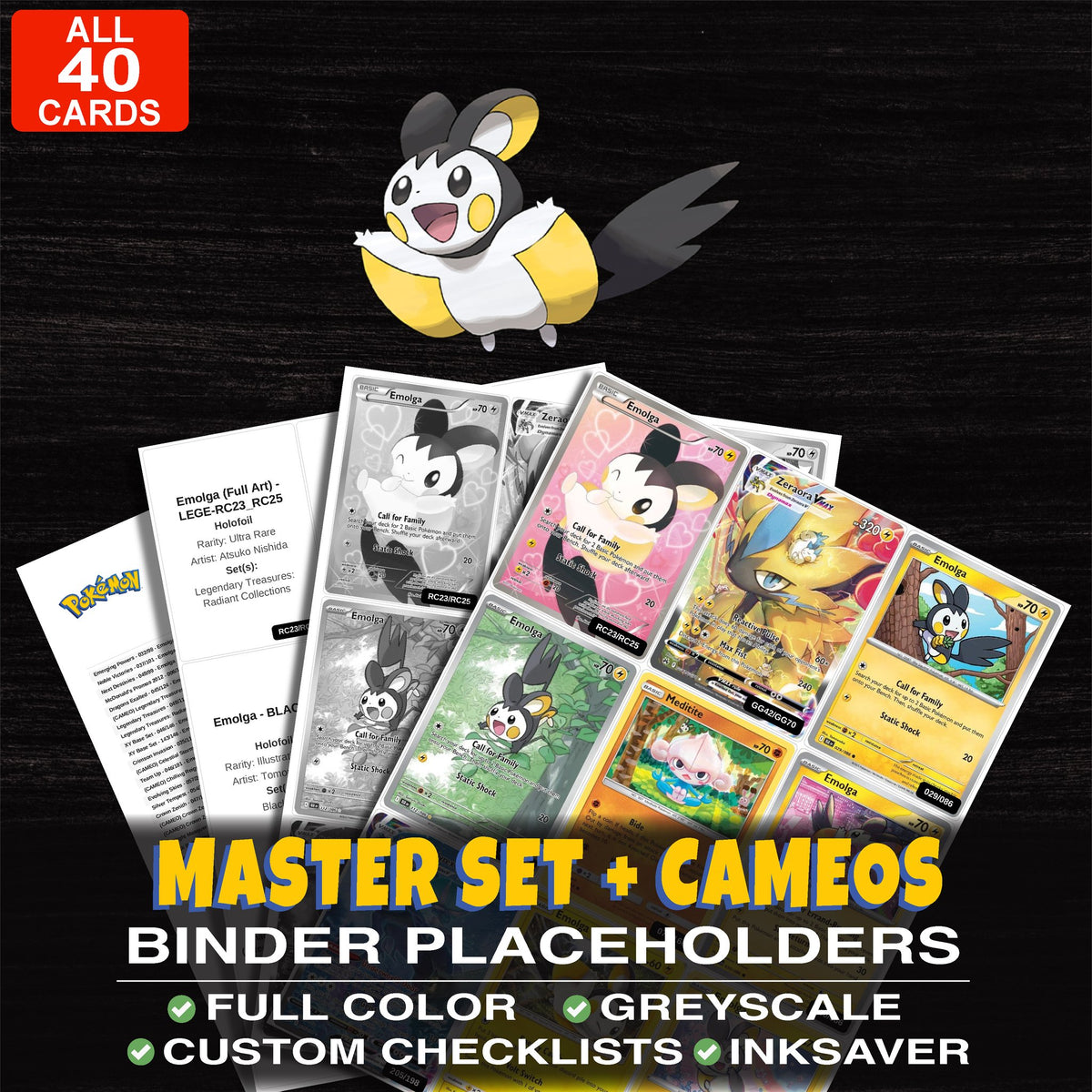 Every Emolga Pokemon card ever made - master set binder placeholders with Emolga EX (143 Full Art)