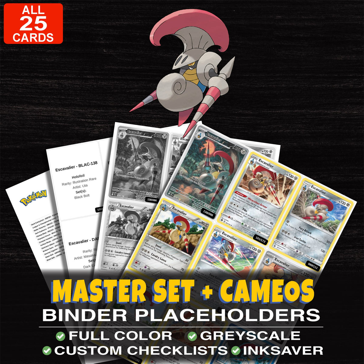 Every Escavalier Pokemon card ever made - master set binder placeholders with Escavalier