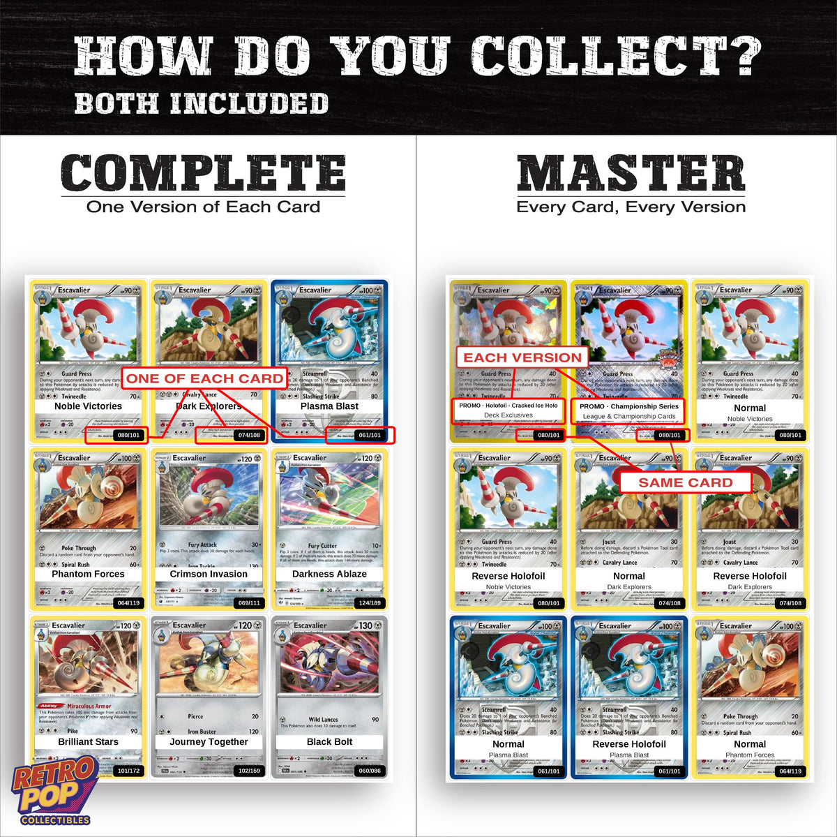 Complete Set vs Master Set versions of the Escavalier binder placeholders