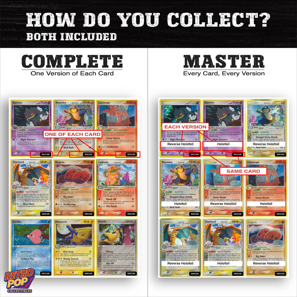 Complete Set vs Master Set versions of EX Crystal Guardians binder placeholders