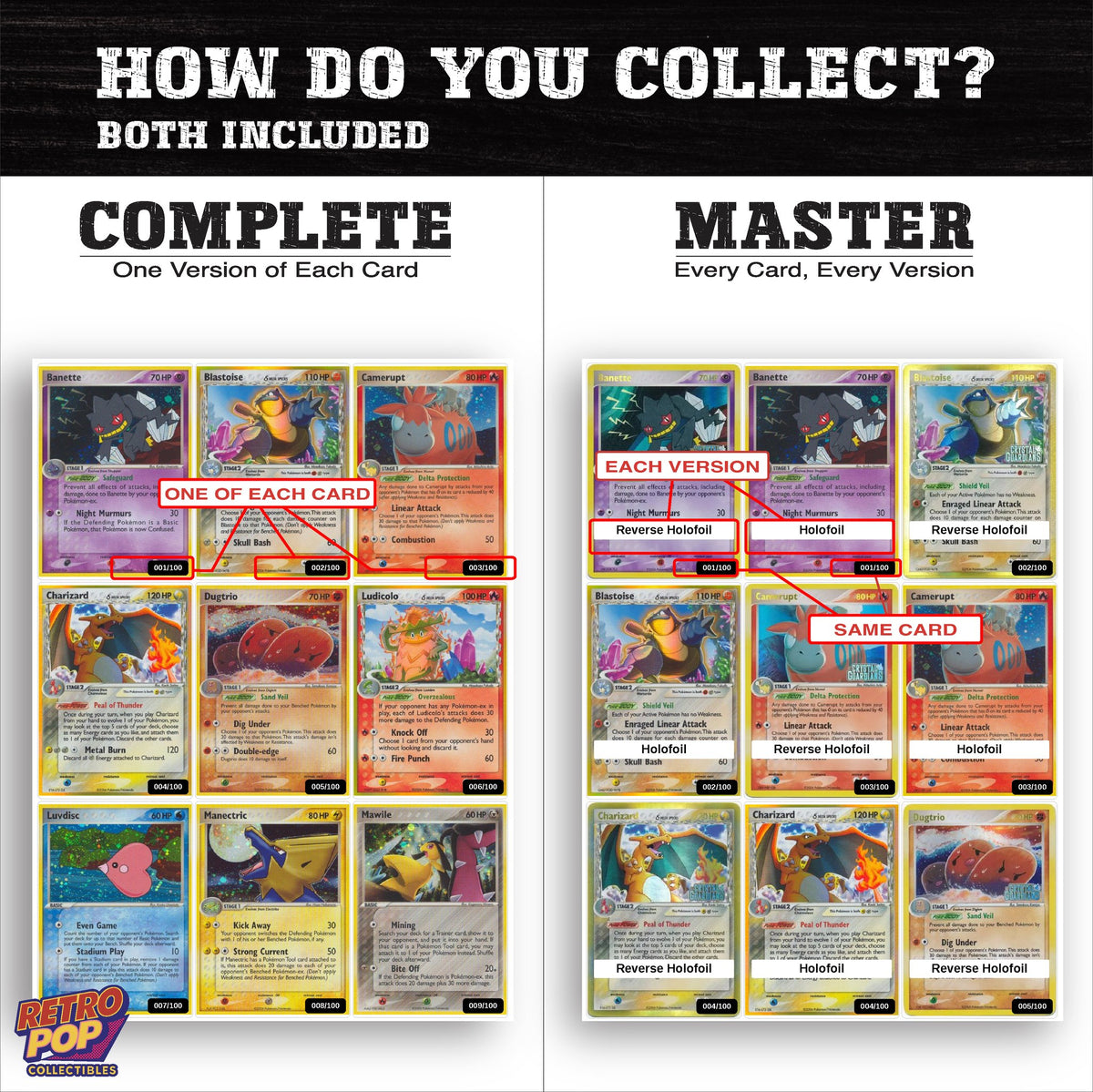 Complete Set vs Master Set versions of EX Crystal Guardians binder placeholders