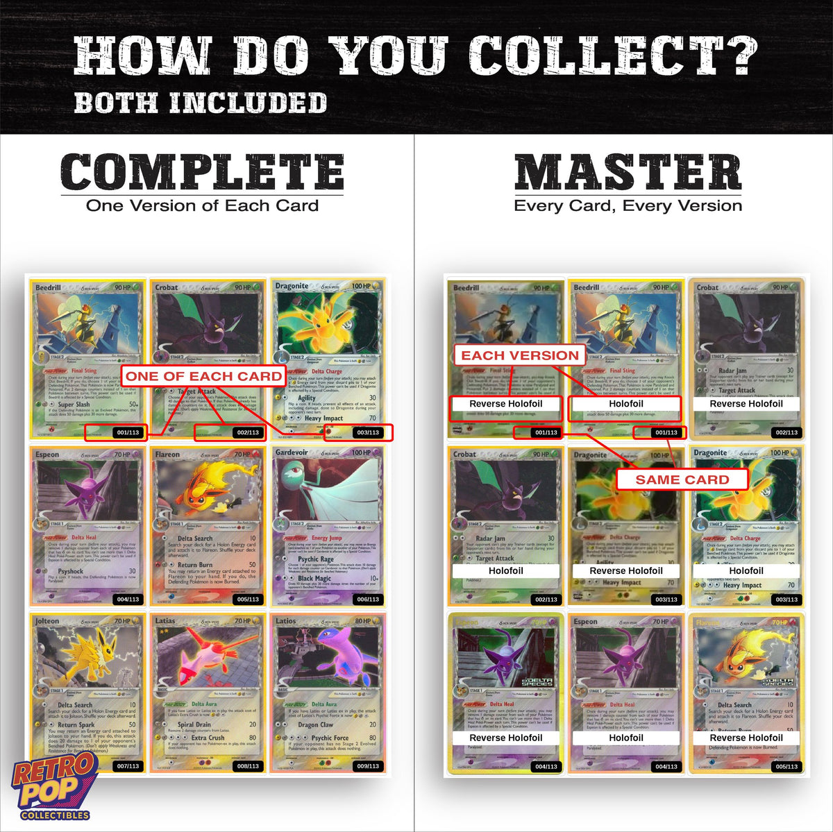 Complete Set vs Master Set versions of EX Delta Species binder placeholders
