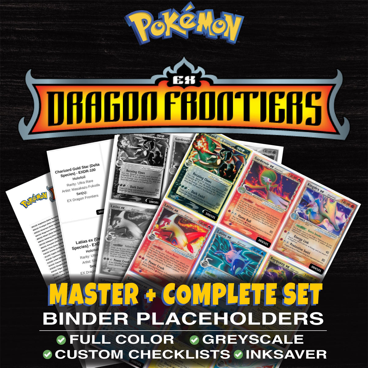 EX Dragon Frontiers Pokemon binder placeholders printable PDF - includes Charizard Gold Star (Delta Species)