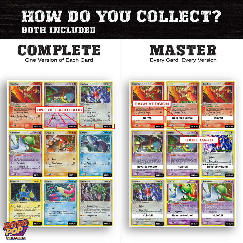 Complete Set vs Master Set versions of EX Emerald binder placeholders