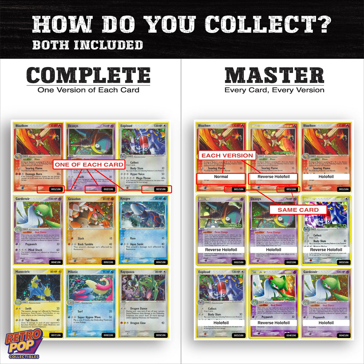 Complete Set vs Master Set versions of EX Emerald binder placeholders