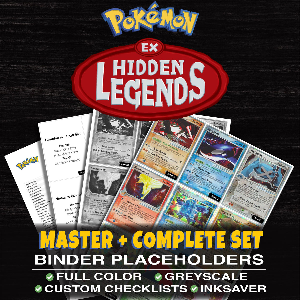 EX Hidden Legends Pokemon binder placeholders printable PDF - includes Groudon ex