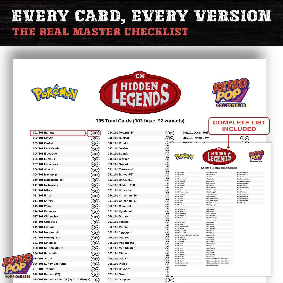 EX Hidden Legends Pokemon card checklist PDF preview