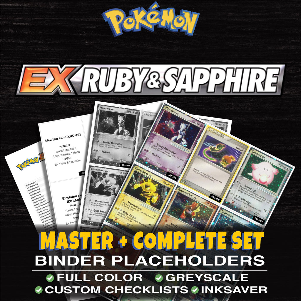 EX Ruby & Sapphire Pokemon binder placeholders printable PDF - includes Mewtwo ex