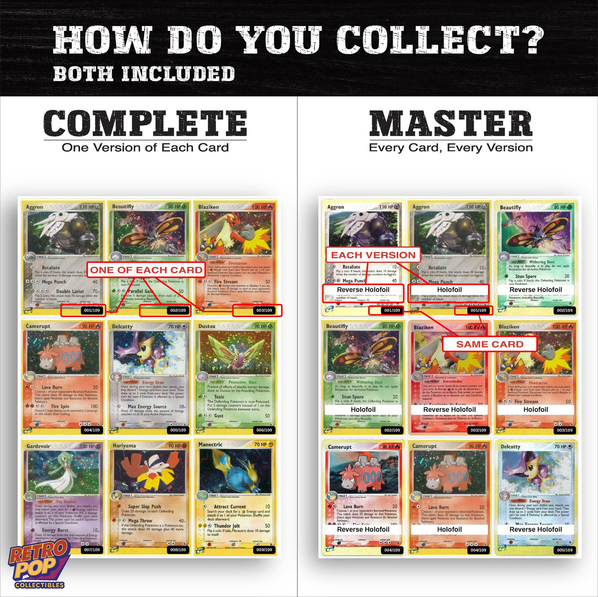 Complete Set vs Master Set versions of EX Ruby & Sapphire binder placeholders