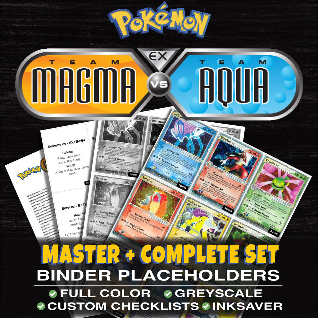 EX Team Magma vs Team Aqua Pokemon binder placeholders printable PDF - includes Suicune ex
