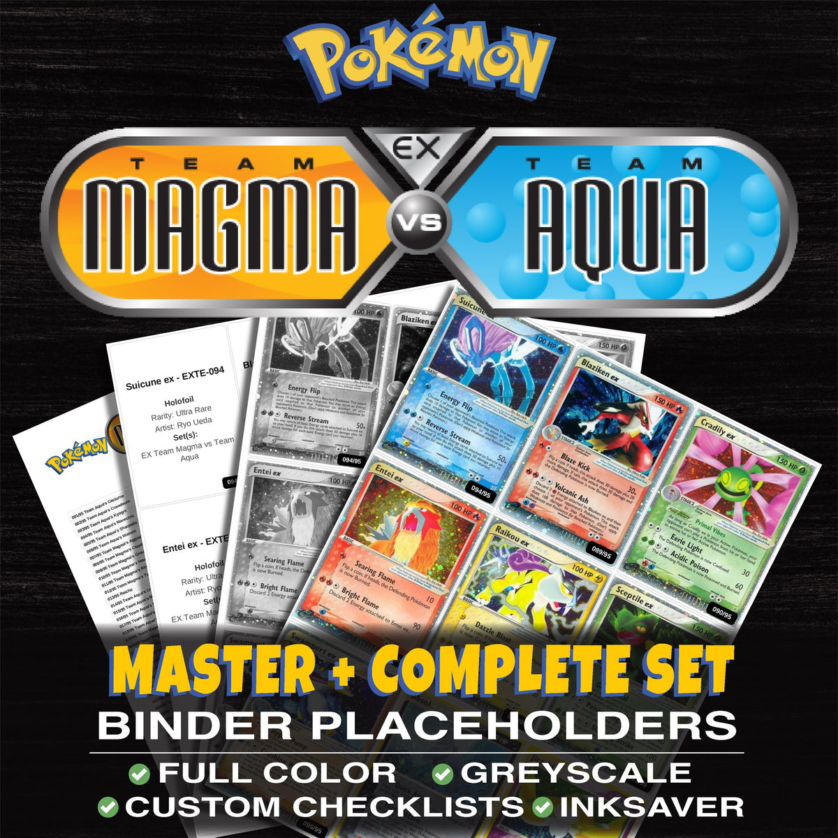 EX Team Magma vs Team Aqua Pokemon binder placeholders printable PDF - includes Suicune ex