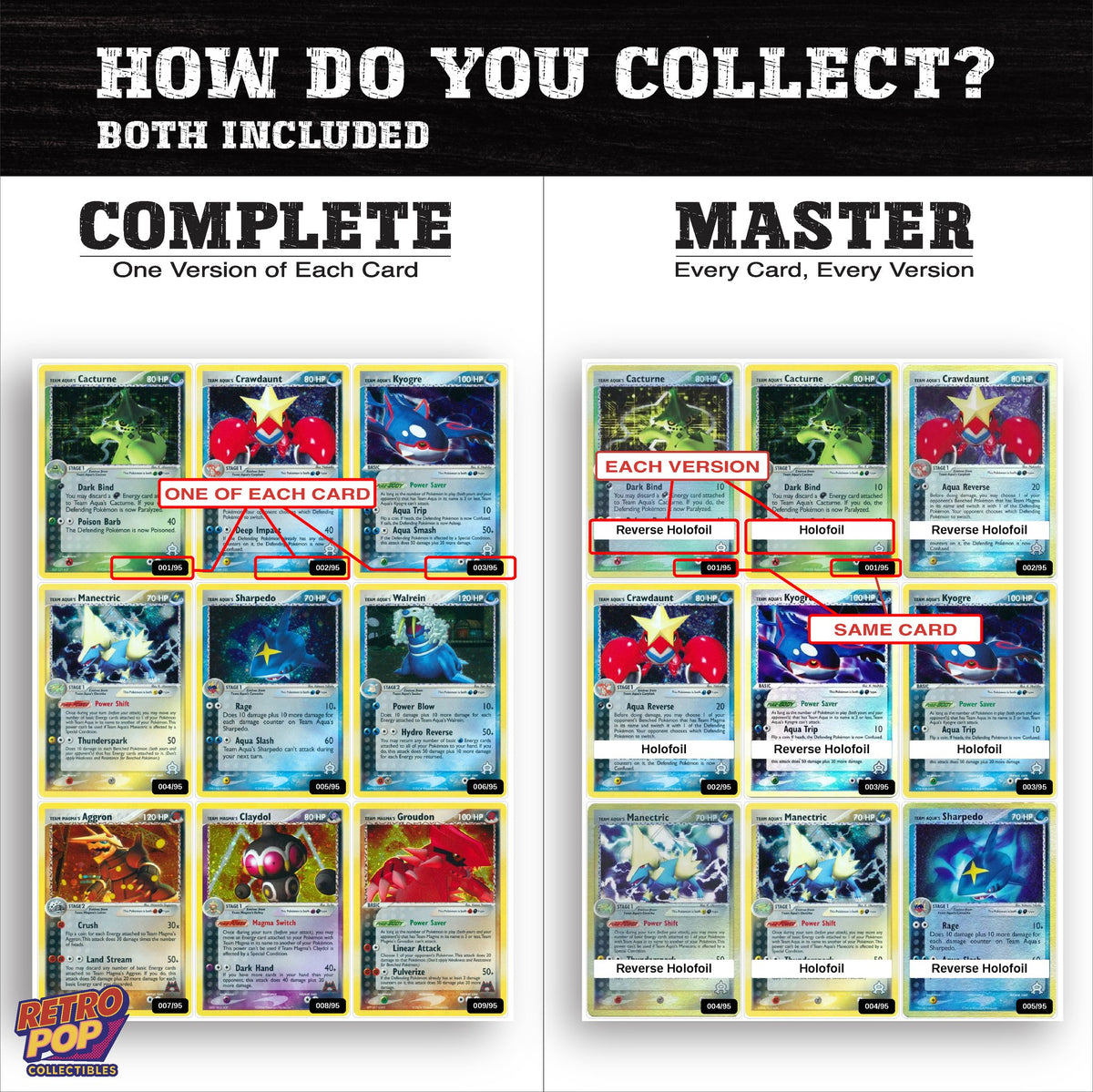 Complete Set vs Master Set versions of EX Team Magma vs Team Aqua binder placeholders