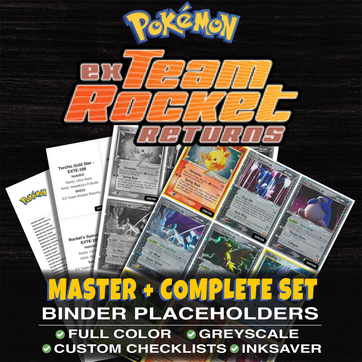 EX Team Rocket Returns Pokemon binder placeholders printable PDF - includes Treecko Gold Star