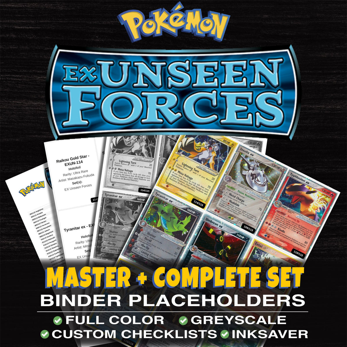 EX Unseen Forces Pokemon binder placeholders printable PDF - includes Raikou Gold Star