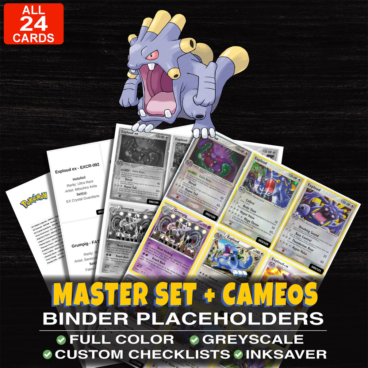 Every Exploud Pokemon card ever made - master set binder placeholders with Exploud ex