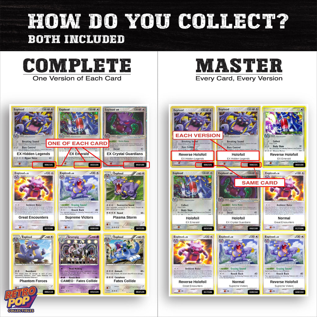 Complete Set vs Master Set versions of the Exploud binder placeholders