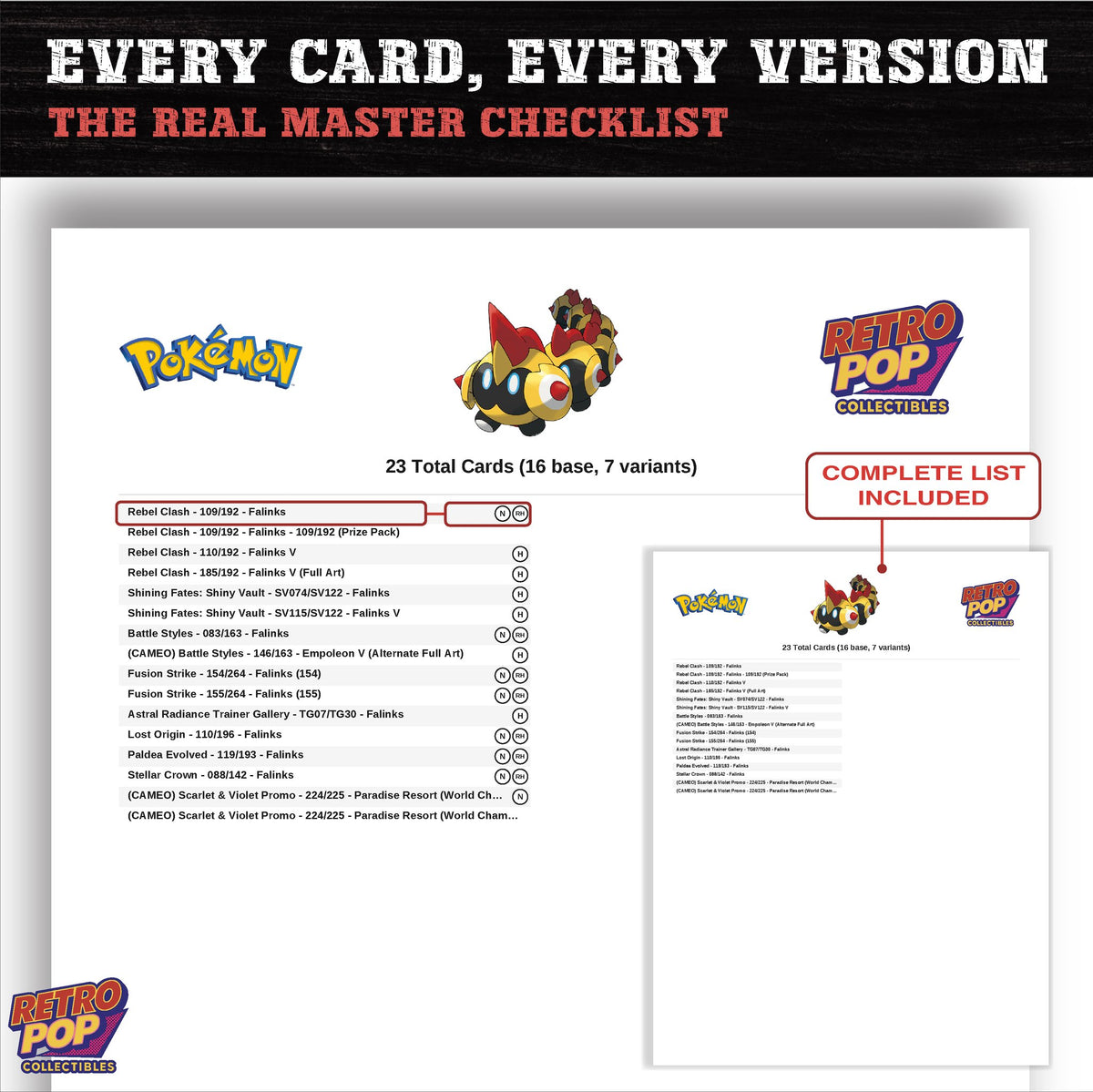Falinks master set checklist PDF preview - every card listed