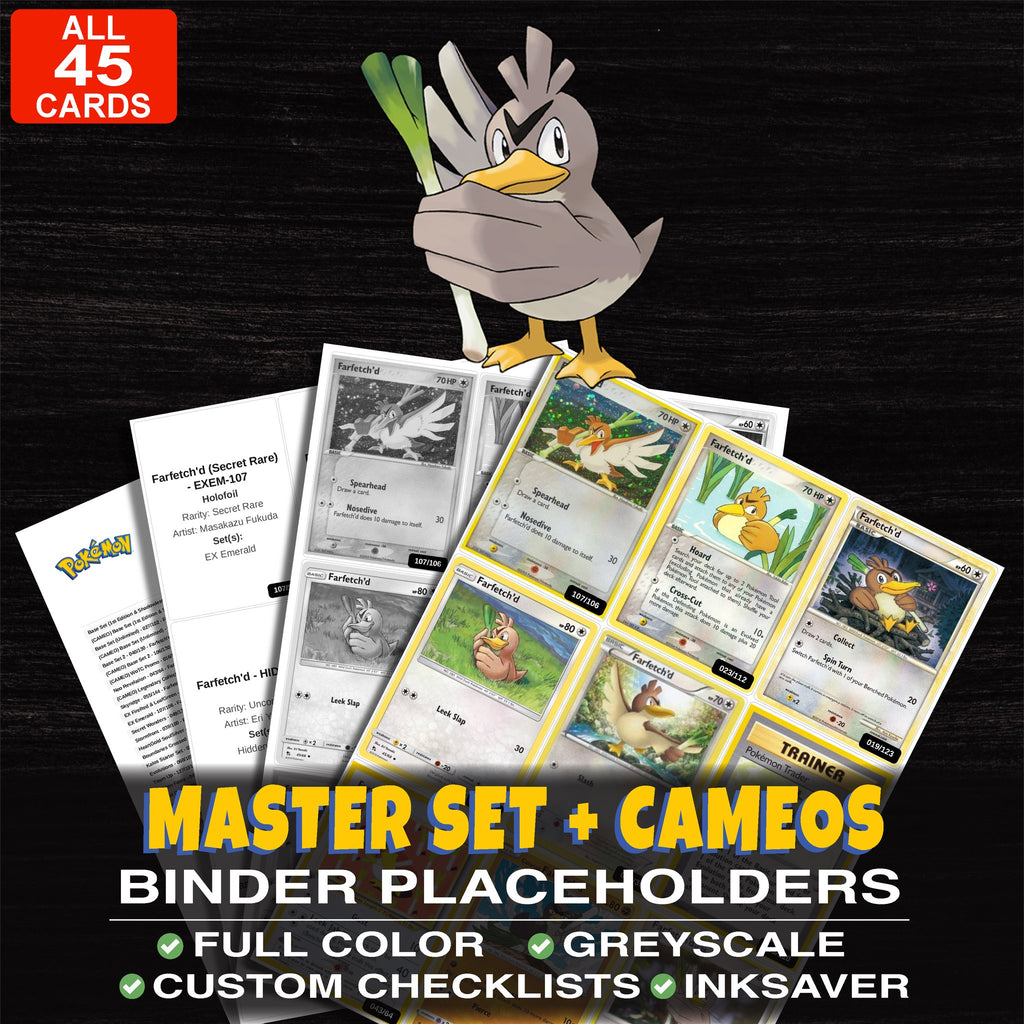 Every Farfetch'd Pokemon card ever made - master set binder placeholders with Farfetch'd (Secret Rare)