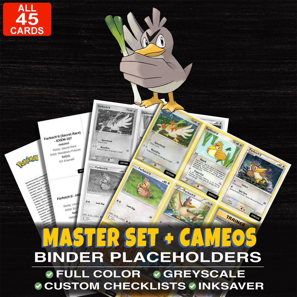 Every Farfetch'd Pokemon card ever made - master set binder placeholders with Farfetch'd (Secret Rare)