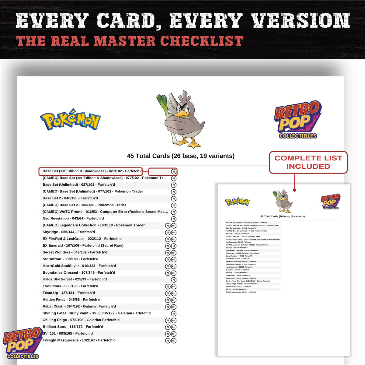 Farfetch'd master set checklist PDF preview - every card listed