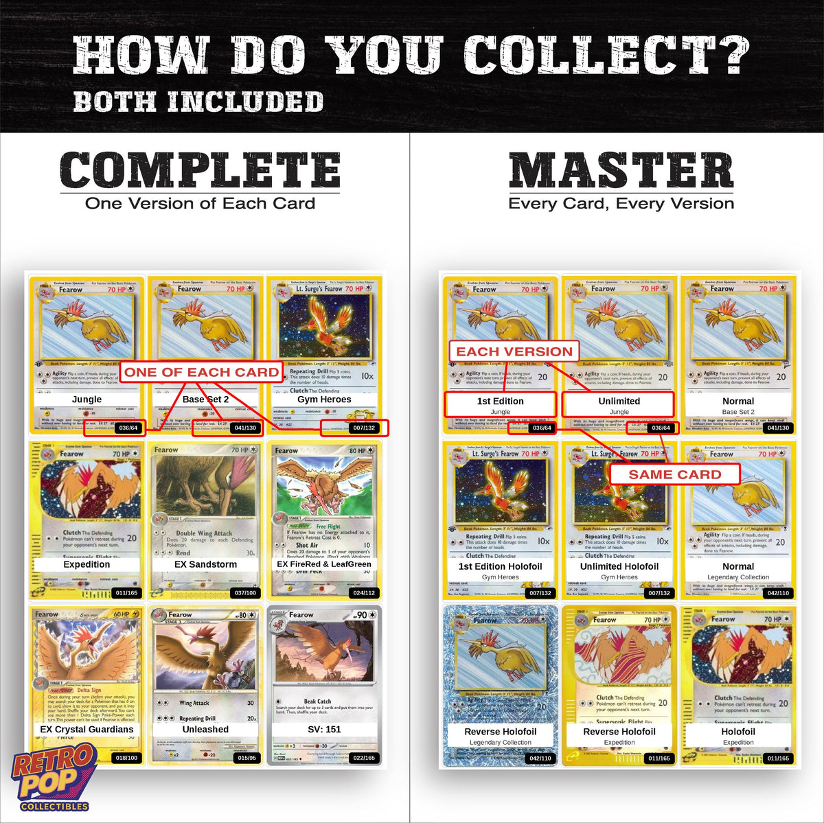 Complete Set vs Master Set versions of the Fearow binder placeholders
