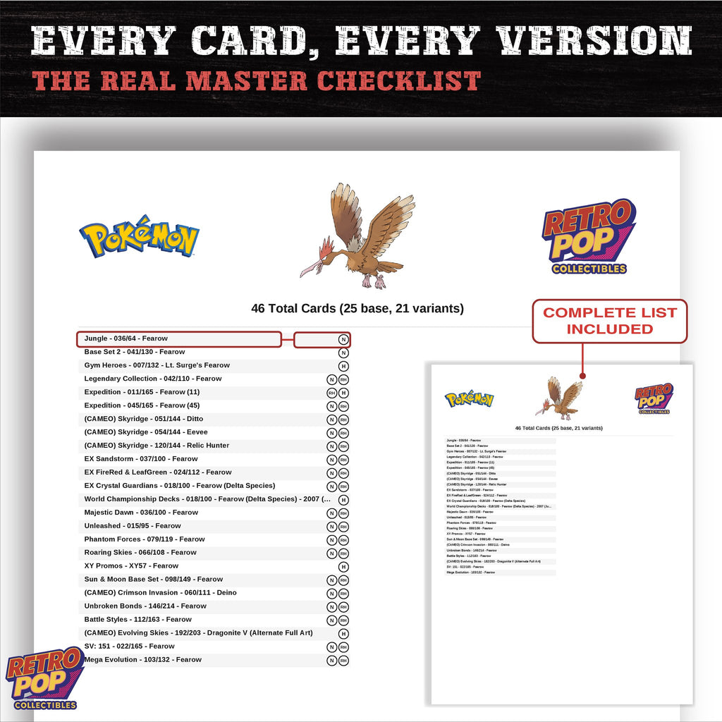 Fearow master set checklist PDF preview - every card listed