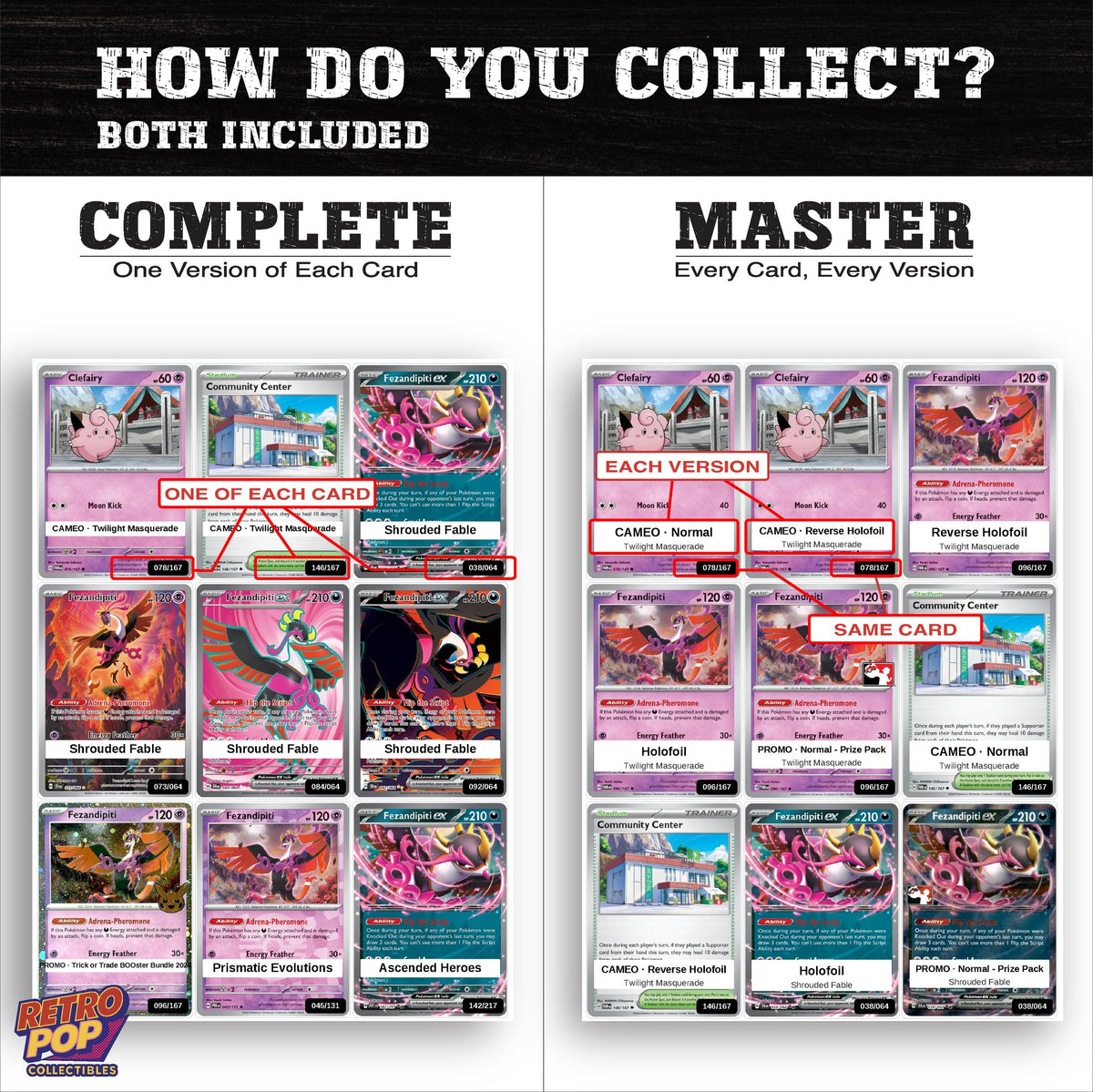 Complete Set vs Master Set versions of the Fezandipiti binder placeholders